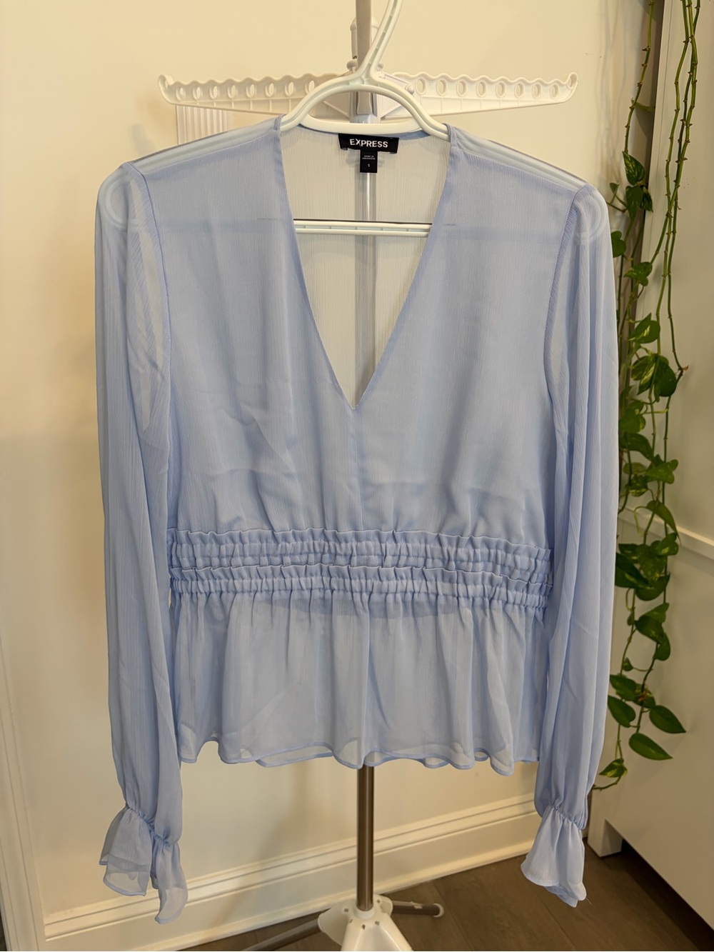 Express Light Blue V-Neck Smocked Waist Peplum Blouse